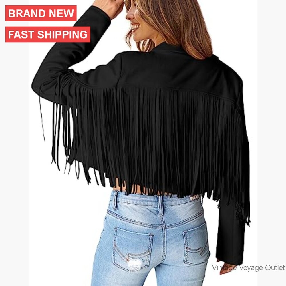 Faux Suede Cropped Motorcycle Jacket with Fringe Tassel Design - Picture 4 of 7